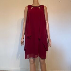 S.L. Fashions Burgundy Layered Chiffon Dress Knee-Length Size 8 | Sleeveless